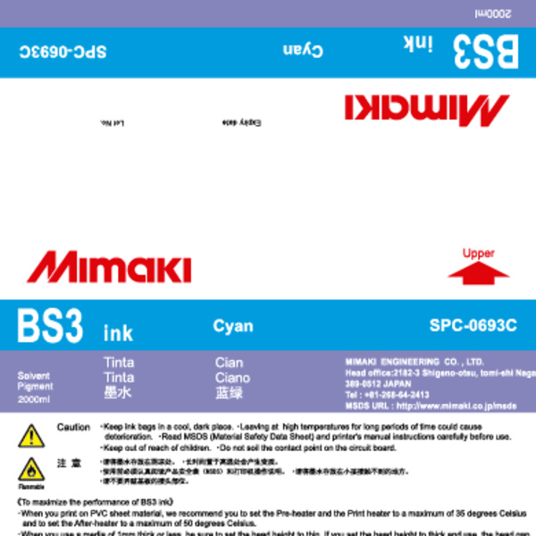Mimaki BS3 Solvent ink pack Cyan (2,000ML) – CJV150/CJV30/CJV300 +3 Thumbnail