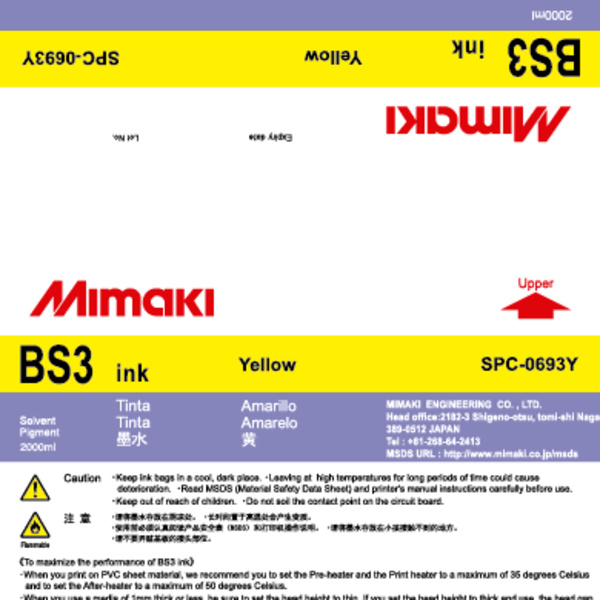 Mimaki BS3 Solvent ink pack Yellow (2,000ML) – CJV150/CJV30/CJV300 +3 Thumbnail